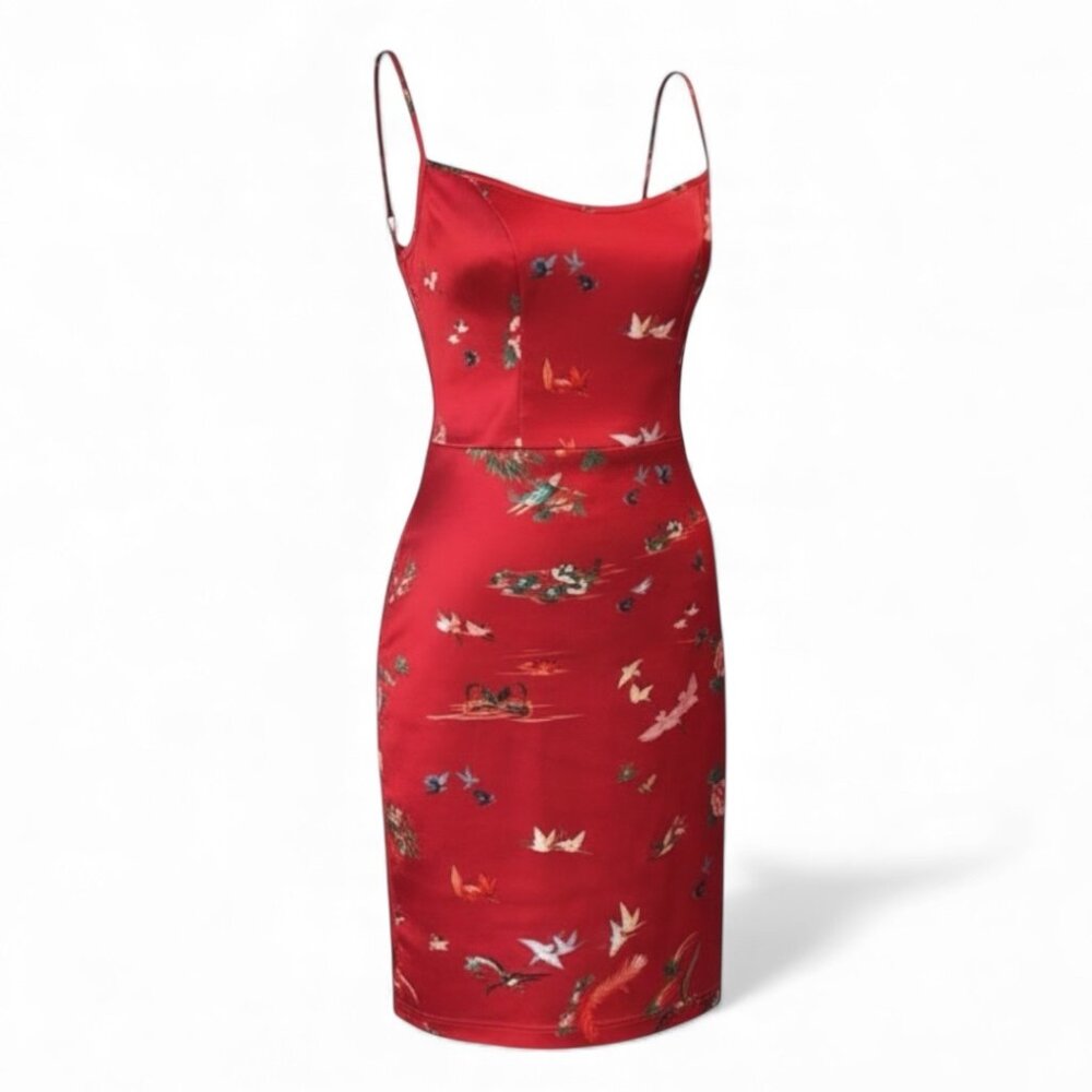 Wheels & Dollbaby Red Satin Bird & Floral Print Bodycon Slip Dress AU 12 US 8 - Picture 2 of 13